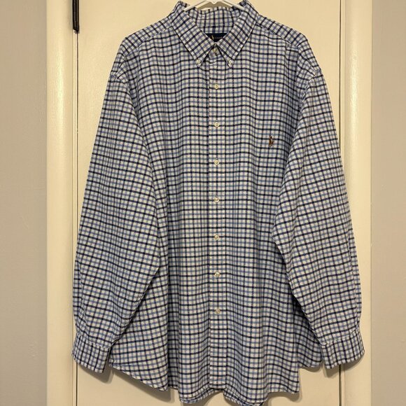 Ralph Lauren Polo Men's Blue/White Check L/S Button-Down Oxford Shirt 3XB Pony - Picture 1 of 10